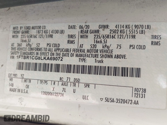 2020 Ford Transit Cargo with VIN 1FTBR1CG8LKA69072, listed as a IAAI auction lot 42386271 with Not provided miles and . Bid and sale history available at DreamBid. Image 9.