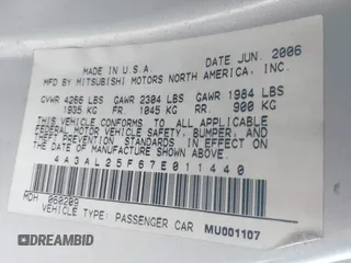 2007 Mitsubishi Eclipse GS with VIN 4A3AL25F67E011440, listed as a IAAI auction lot 41693452 with 192,585 mi miles and . Bid and sale history available at DreamBid. Image 9.