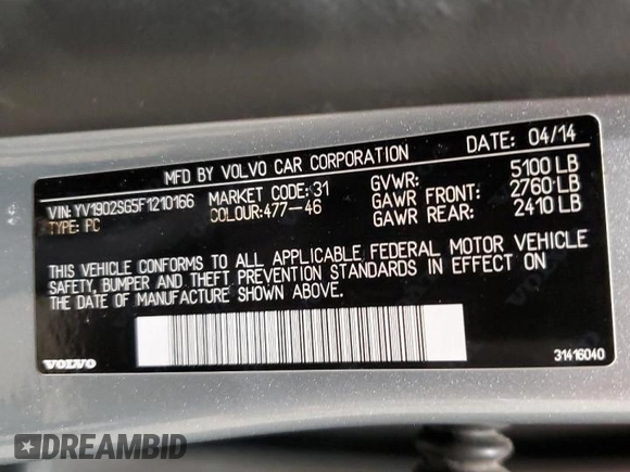 2015 Volvo V60 with VIN YV1902SG5F1210166, listed as a Copart auction lot 52084915 with 106,808 mi miles and Clean title. Bid and sale history available at DreamBid. Image 13.