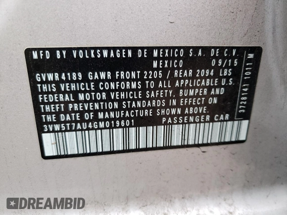 2016 Volkswagen Golf GTI SE with VIN 3VW5T7AU4GM019601, listed as a Copart auction lot 37737153 with 0 mi miles. Bid and sale history available at carsss.com. Image 13.