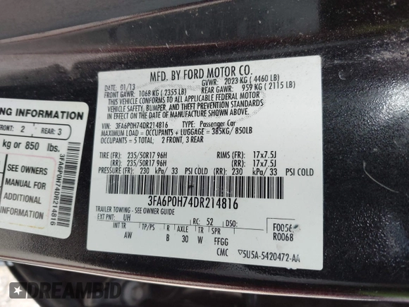 2013 Ford Fusion SE with VIN 3FA6P0H74DR214816, listed as a IAAI auction lot 42490664 with 176,453 mi miles and . Bid and sale history available at DreamBid. Image 9.