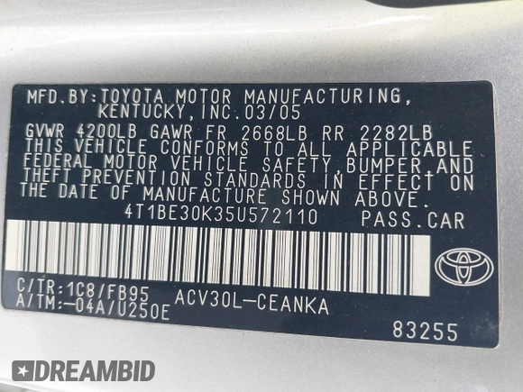 2005 Toyota Camry LE with VIN 4T1BE30K35U572110, listed as a IAAI auction lot 42674324 with 147,480 mi miles and . Bid and sale history available at DreamBid. Image 9.