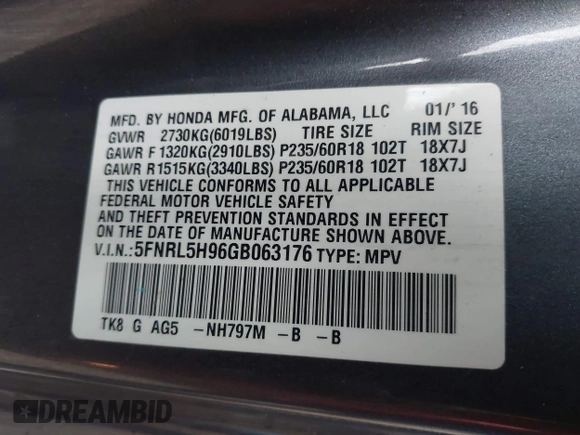 2016 Honda Odyssey Touring Elite with VIN 5FNRL5H96GB063176, listed as a IAAI auction lot 42157604 with 106,177 mi miles. Bid and sale history available at carsss.com. Image 9.