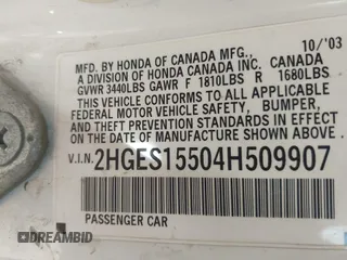 2004 Honda Civic LX with VIN 2HGES15504H509907, listed as a IAAI auction lot 41495701 with 104,959 mi miles. Bid and sale history available at carsss.com. Image 9.