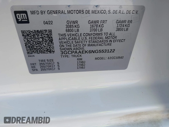 2022 Chevrolet Silverado 1500 Work Truck with VIN 3GCPAAEK6NG553122, listed as a IAAI auction lot 41804956 with 88,933 mi miles and . Bid and sale history available at DreamBid. Image 9.