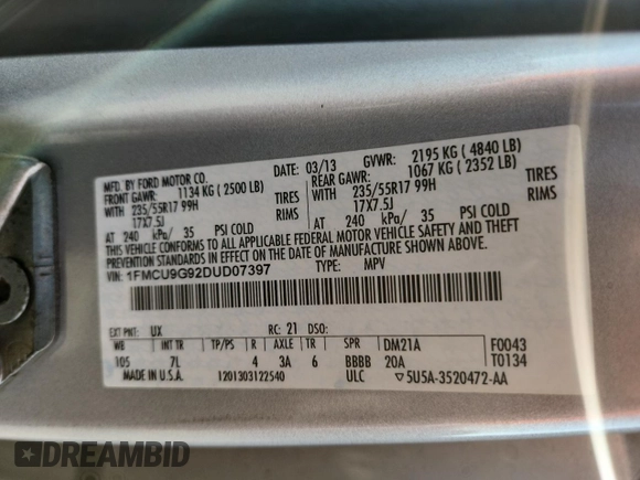 2013 Ford Escape SE z VIN 1FMCU9G92DUD07397, wystawiony jako Copart lot #63110315 z przebiegiem 167 296 mil mil oraz Czysty tytuł • Clean title. Historia ofert i sprzedaży dostępna na DreamBid. Obrazek 12.