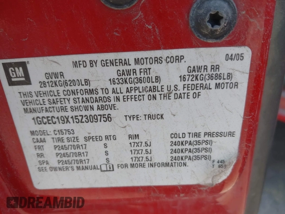 2005 Chevrolet Silverado 1500 Work Truck with VIN 1GCEC19X15Z309756, listed as a IAAI auction lot 42232258 with Not Provided miles and . Bid and sale history available at DreamBid. Image 9.