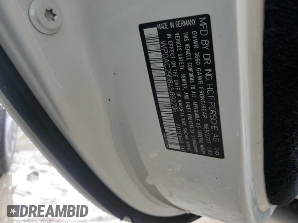 2004 Porsche 911 z VIN WP0AC29984S692205, wystawiony jako Copart lot #73920204 z przebiegiem Nie podano mil oraz Nie do naprawy • Non repairable. Historia ofert i sprzedaży dostępna na DreamBid. Obrazek 13.