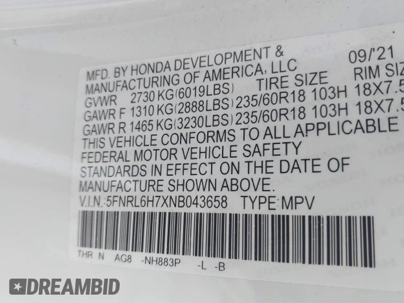 2022 Honda Odyssey EX-L with VIN 5FNRL6H7XNB043658, listed as a IAAI auction lot 41800437 with 45,245 mi miles and . Bid and sale history available at DreamBid. Image 9.
