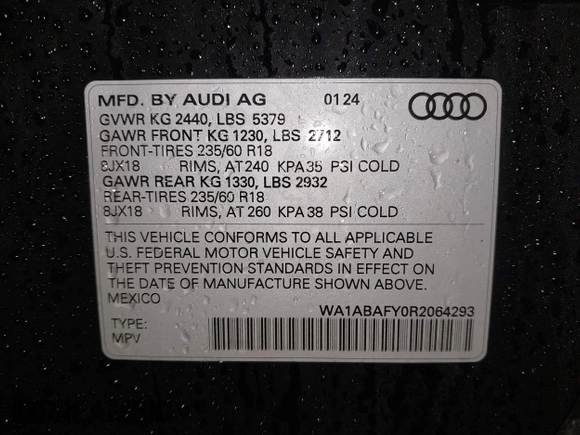 2024 Audi Q5 Premium with VIN WA1ABAFY0R2064293, listed as a IAAI auction lot 41084226 with 5,701 mi miles and . Bid and sale history available at DreamBid. Image 9.