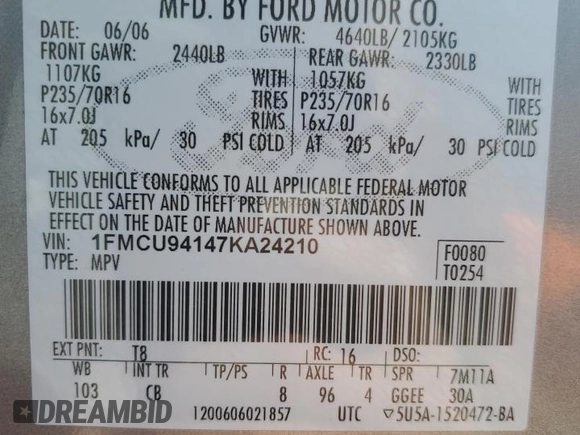 2007 Ford Escape Limited с VIN 1FMCU94147KA24210, выставлен на аукционе Copart как лот 58544735 с пробегом 205 374 миль миль и Списание • Salvage title. История ставок и продаж доступна на DreamBid. Изображение 13.