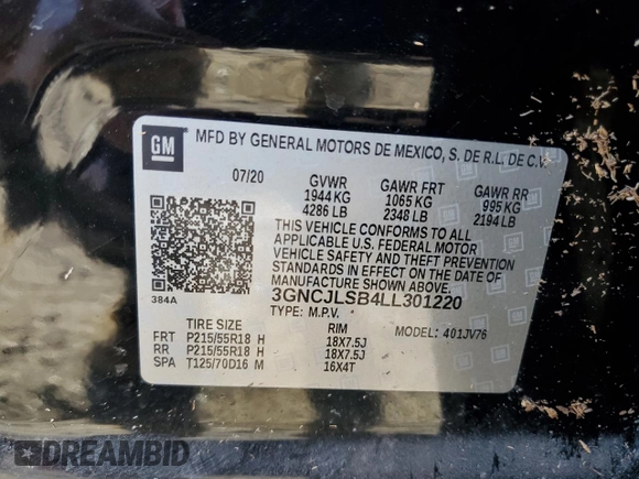 2020 Chevrolet Trax LT with VIN 3GNCJLSB4LL301220, listed as a Copart auction lot 53559365 with 45,793 mi miles and Salvage title. Bid and sale history available at DreamBid. Image 12.