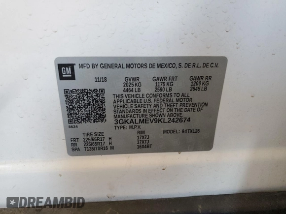 2019 GMC Terrain SLE z VIN 3GKALMEV9KL242674, wystawiony jako Copart lot #60004235 z przebiegiem 88 840 mil mil oraz Szkoda całkowita • Salvage title. Historia ofert i sprzedaży dostępna na DreamBid. Obrazek 12.