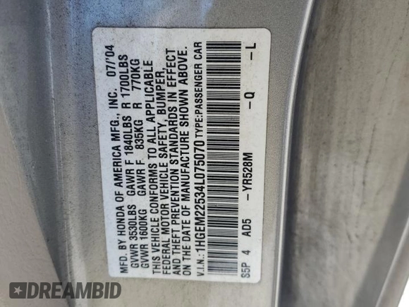 2004 Honda Civic LX with VIN 1HGEM22534L075070, listed as a Copart auction lot 49024885 with 245,343 mi miles and Salvage Title. Bid and sale history available at DreamBid. Image 14.