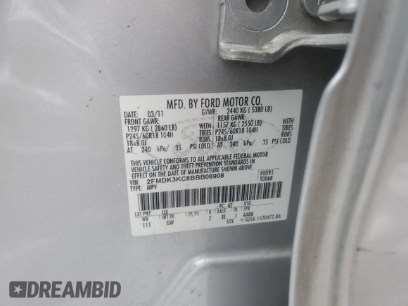 2011 Ford Edge Limited with VIN 2FMDK3KC8BBB06908, listed as a Copart auction lot 45755475 with 253,488 mi miles and Salvage Title. Bid and sale history available at carsss.com. Image 13.