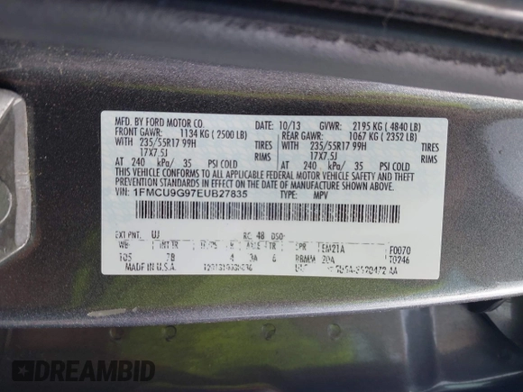 2014 Ford Escape SE with VIN 1FMCU9G97EUB27835, listed as a IAAI auction lot 42530986 with 137,933 mi miles and . Bid and sale history available at DreamBid. Image 9.