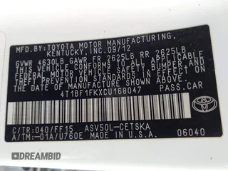 2012 Toyota Camry L with VIN 4T1BF1FKXCU168047, listed as a IAAI auction lot 41758666 with 210,996 mi miles and . Bid and sale history available at DreamBid. Image 9.