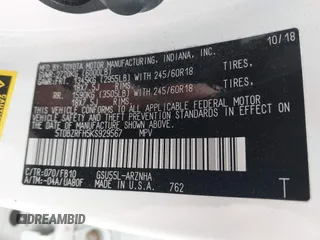 2019 Toyota Highlander LE with VIN 5TDBZRFH5KS929567, listed as a IAAI auction lot 42603356 with 40,368 mi miles and . Bid and sale history available at DreamBid. Image 9.