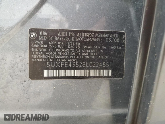 2008 BMW X5 3.0si z VIN 5UXFE43528L022455, wystawiony jako Copart lot #61400064 z przebiegiem 177 525 mil mil oraz Szkoda całkowita • Salvage title. Historia ofert i sprzedaży dostępna na DreamBid. Obrazek 13.