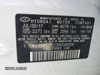 2017 Hyundai Ioniq SEL with VIN KMHC75LC3HU048958, listed as a Copart auction lot 57293145 with 92,545 mi miles and Salvage title. Bid and sale history available at DreamBid. Image 12.
