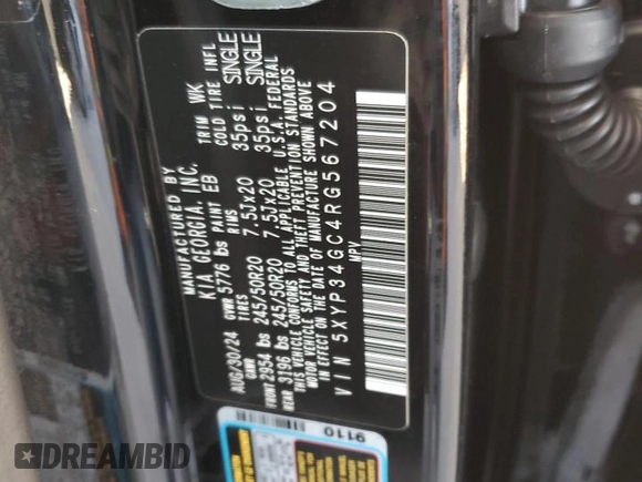 2024 Kia Telluride EX with VIN 5XYP34GC4RG567204, listed as a Copart auction lot 88792705 with 5,164 mi miles and Salvage title. Bid and sale history available at DreamBid. Image 13.