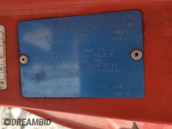 1992 Geo Metro z VIN JG1MR3369NK219164, wystawiony jako Copart lot #69017534 z przebiegiem 76 098 mil mil oraz Szkody całkowita. Historia ofert i sprzedaży dostępna na DreamBid. Obrazek 12.