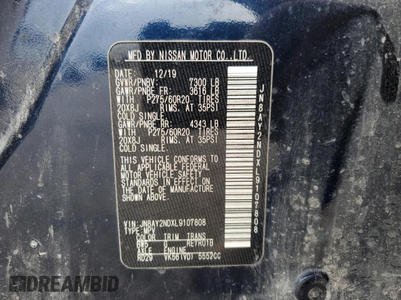 2020 Nissan Armada SL with VIN JN8AY2NDXL9107808, listed as a Copart auction lot 43818765 with 90,561 mi miles and Salvage Title. Bid and sale history available at carsss.com. Image 14.