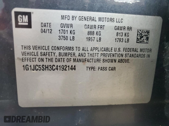 2012 Chevrolet Sonic LT with VIN 1G1JC5SH3C4192144, listed as a Copart auction lot 60973395 with 141,306 mi miles and Salvage title. Bid and sale history available at DreamBid. Image 12.