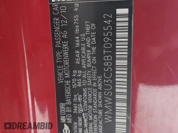 2011 MINI Hardtop z VIN WMWSU3C58BT095542, wystawiony jako Copart lot #57474055 z przebiegiem 41 490 mil mil oraz Szkoda całkowita • Salvage title. Historia ofert i sprzedaży dostępna na DreamBid. Obrazek 13.