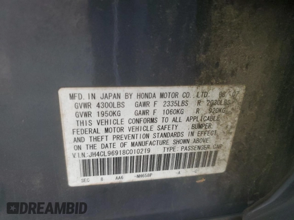 2008 Acura TSX Nav with VIN JH4CL96918C010219, listed as a Copart auction lot 62650535 with 177,732 mi miles and Salvage title. Bid and sale history available at DreamBid. Image 12.
