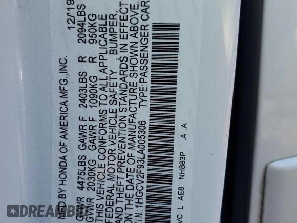 2020 Honda Accord Touring with VIN 1HGCV2F93LA005306, listed as a Copart auction lot 64922215 with 50,447 mi miles and Salvage title. Bid and sale history available at DreamBid. Image 13.