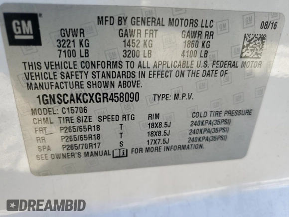 2016 Chevrolet Tahoe LS with VIN 1GNSCAKCXGR458090, listed as a Copart auction lot 86504394 with 166,558 mi miles and Salvage title. Bid and sale history available at DreamBid. Image 16.