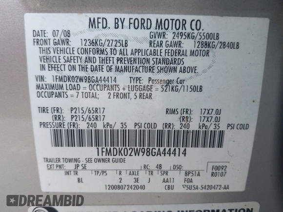 2008 Ford Taurus X SEL with VIN 1FMDK02W98GA44414, listed as a IAAI auction lot 42762543 with 266,091 mi miles and . Bid and sale history available at DreamBid. Image 9.