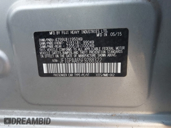 2015 Subaru Impreza 2.0i with VIN JF1GPAA65F9288322, listed as a IAAI auction lot 41336413 with 73,785 mi miles and . Bid and sale history available at DreamBid. Image 9.