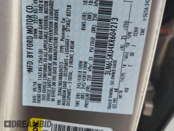 2019 Lincoln MKZ Hybrid z VIN 3LN6L5KU4KR604213, wystawiony jako Copart lot #72761484 z przebiegiem 62 469 mil mil oraz Nie do naprawy • Non repairable. Historia ofert i sprzedaży dostępna na DreamBid. Obrazek 13.