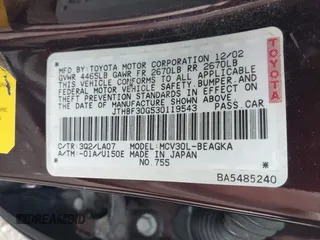 2003 Lexus ES with VIN JTHBF30G530119543, listed as a IAAI auction lot 42159685 with 226,627 mi miles. Bid and sale history available at carsss.com. Image 9.