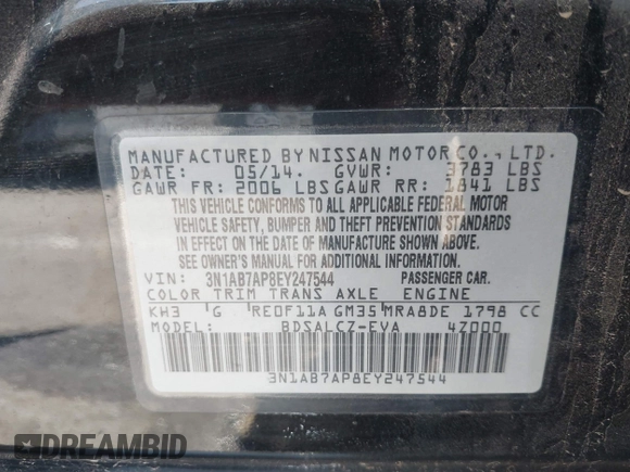 2014 Nissan Sentra SV with VIN 3N1AB7AP8EY247544, listed as a IAAI auction lot 42654316 with 155,129 mi miles and . Bid and sale history available at DreamBid. Image 9.