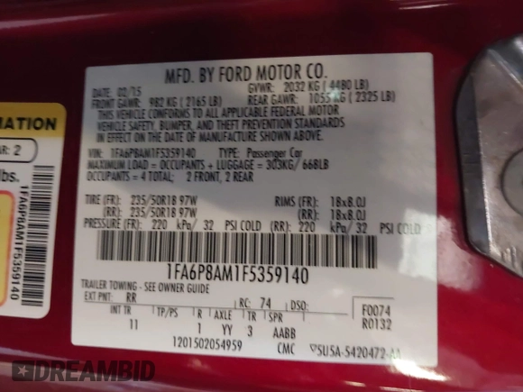 2015 Ford Mustang V6 with VIN 1FA6P8AM1F5359140, listed as a IAAI auction lot 42210615 with Not provided miles and . Bid and sale history available at DreamBid. Image 9.