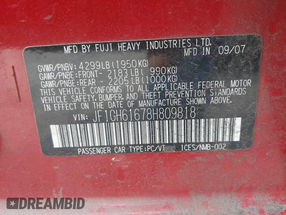 2008 Subaru Impreza i с VIN JF1GH61678H809818, выставлен на аукционе IAAI как лот 41790050 с пробегом 126 718 миль миль и . История ставок и продаж доступна на DreamBid. Изображение 9.