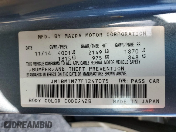 2015 Mazda 3 i Grand Touring with VIN JM1BM1M77F1247075, listed as a Copart auction lot 54559925 with 104,671 mi miles and Salvage title. Bid and sale history available at DreamBid. Image 12.