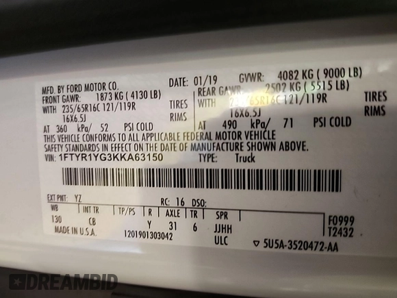 2019 Ford Transit with VIN 1FTYR1YG3KKA63150, listed as a IAAI auction lot 42842136 with 120,158 mi miles and . Bid and sale history available at DreamBid. Image 8.