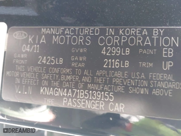 2011 Kia Optima EX with VIN KNAGN4A71B5139155, listed as a IAAI auction lot 42048976 with 130,400 mi miles. Bid and sale history available at carsss.com. Image 9.