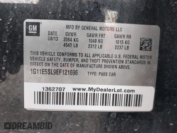 2014 Chevrolet Malibu LT with VIN 1G11E5SL9EF121696, listed as a IAAI auction lot 41683943 with 133,396 mi miles and . Bid and sale history available at DreamBid. Image 9.