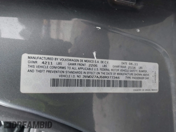 2011 Volkswagen Jetta SE with VIN 3VWDZ7AJ5BM377346, listed as a IAAI auction lot 41967856 with 139,475 mi miles and . Bid and sale history available at DreamBid. Image 9.