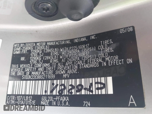 2008 Toyota Sienna XLE with VIN 5TDZK22C88S211699, listed as a IAAI auction lot 42835194 with 135,540 mi miles and . Bid and sale history available at DreamBid. Image 9.