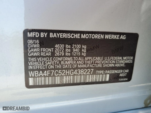 2017 BMW 4 Series 430i with VIN WBA4F7C52HG438227, listed as a Copart auction lot 52715085 with 87,686 mi miles and Salvage Title. Bid and sale history available at carsss.com. Image 12.