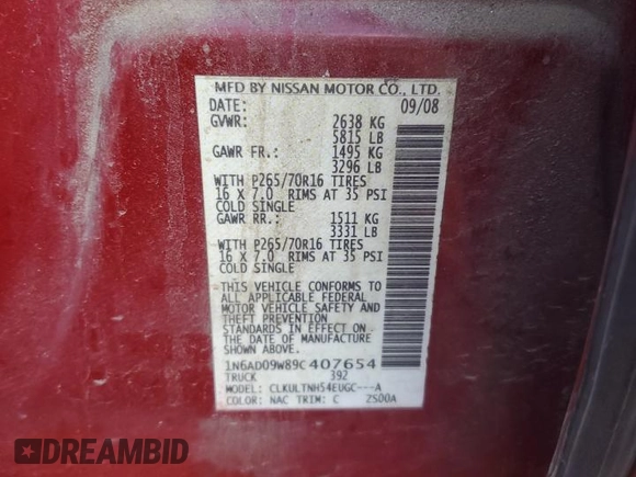 2009 Nissan Frontier SE with VIN 1N6AD09W89C407654, listed as a Copart auction lot 77351814 with 159,695 mi miles and Salvage title. Bid and sale history available at DreamBid. Image 14.