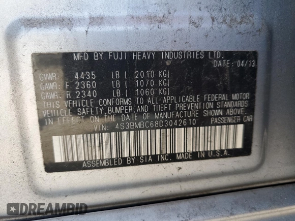 2013 Subaru Legacy Premium with VIN 4S3BMBC68D3042610, listed as a Copart auction lot 60513435 with 84,214 mi miles and Clean title. Bid and sale history available at DreamBid. Image 12.