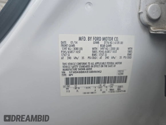 2014 Ford Explorer с VIN 1FM5K8B8XEGB59362, выставлен на аукционе Copart как лот 61677705 с пробегом 135 083 миль миль и Чистый • Clean title. История ставок и продаж доступна на DreamBid. Изображение 10.
