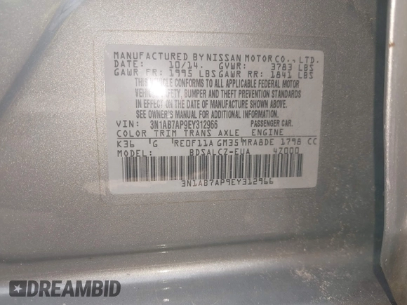 2014 Nissan Sentra SV with VIN 3N1AB7AP9EY312966, listed as a IAAI auction lot 42470367 with 151,892 mi miles and . Bid and sale history available at DreamBid. Image 9.